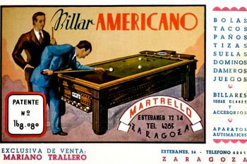 Publicidad de Mariano Trallero Laborda, fabricante de billares de Zaragoza, cuya patente nº 160080 fue concedida en 1944